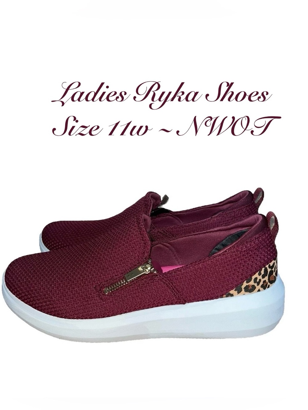 Ryka Ally Plumred Slip-On Casual Sneakers-Deep Burgundy w/Leopard Accent ladi